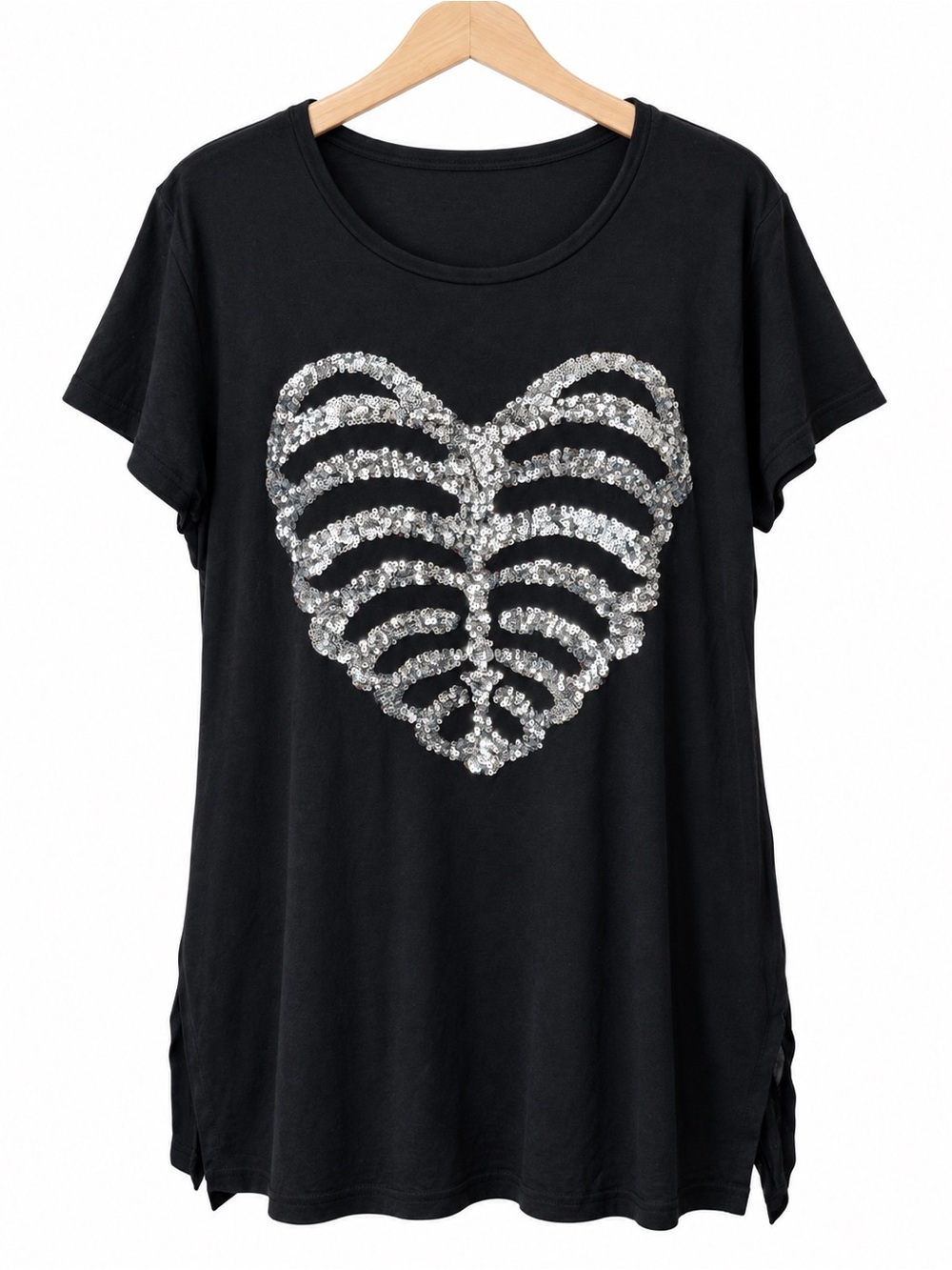 H&M Divided Whimsygoth Sequin Skeleton Heart Top S Sheer Mesh Back Halloween Tee
